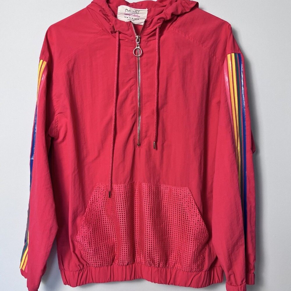 Ashley by 26 International RED PINK Windbreaker Jacket with rainbow Stripes XL